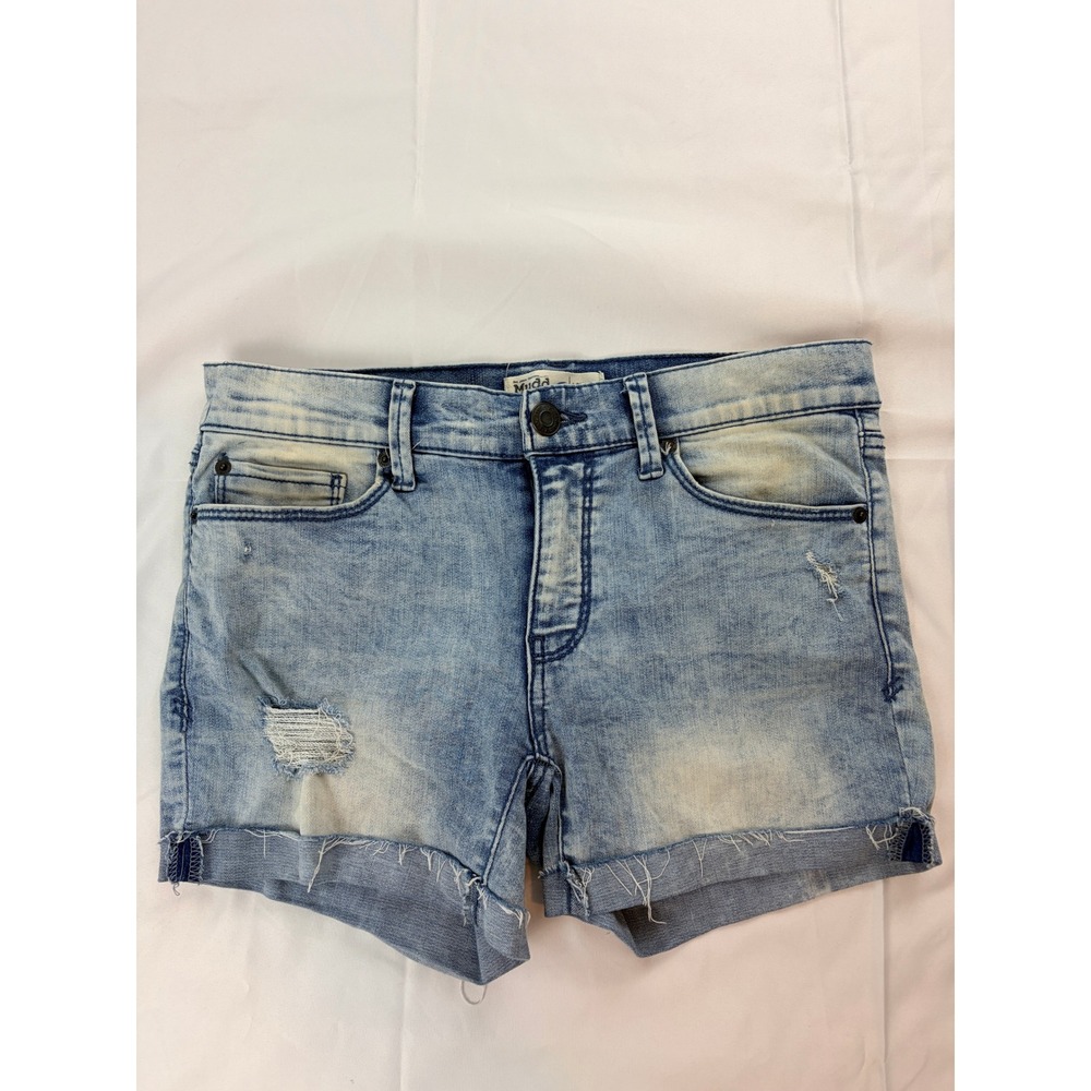 Mudd FLX Stretch Low-Rise Midi Jean Shorts Distressed Light Wash Size 7 Y2K